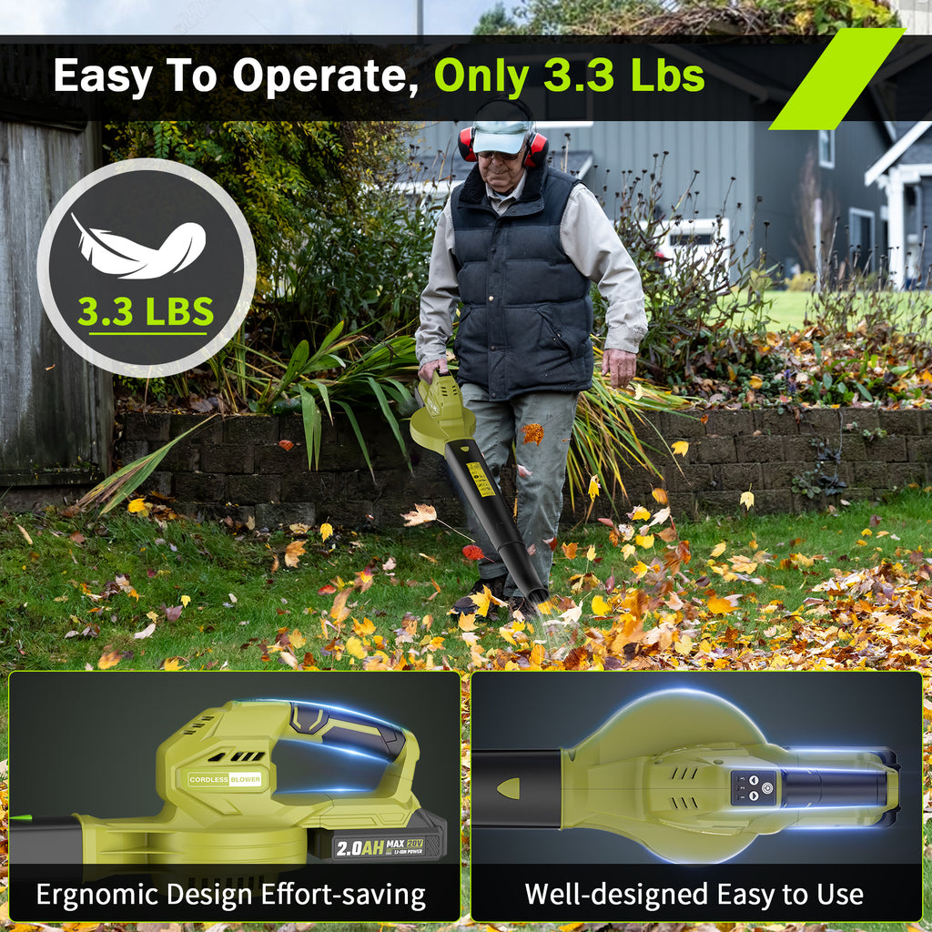 20V Cordless Electric Leaf Blower with 2 x 2.0Ah Batteries & Charger – Lightweight Battery-Powered Leaf Blower for Lawn Care, Leaves & Dust – 3-Speed Mode