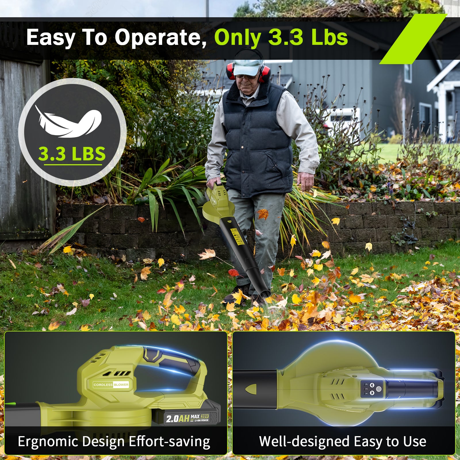 20V Cordless Electric Leaf Blower with 2 x 2.0Ah Batteries & Charger – Lightweight Battery-Powered Leaf Blower for Lawn Care, Leaves & Dust – 3-Speed Mode