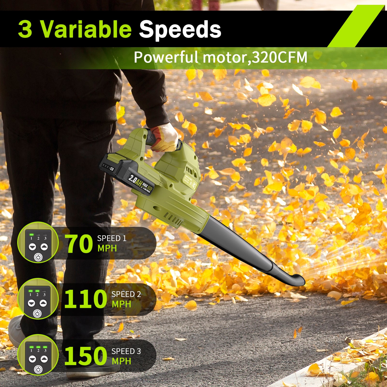 20V Cordless Electric Leaf Blower with 2 x 2.0Ah Batteries & Charger – Lightweight Battery-Powered Leaf Blower for Lawn Care, Leaves & Dust – 3-Speed Mode