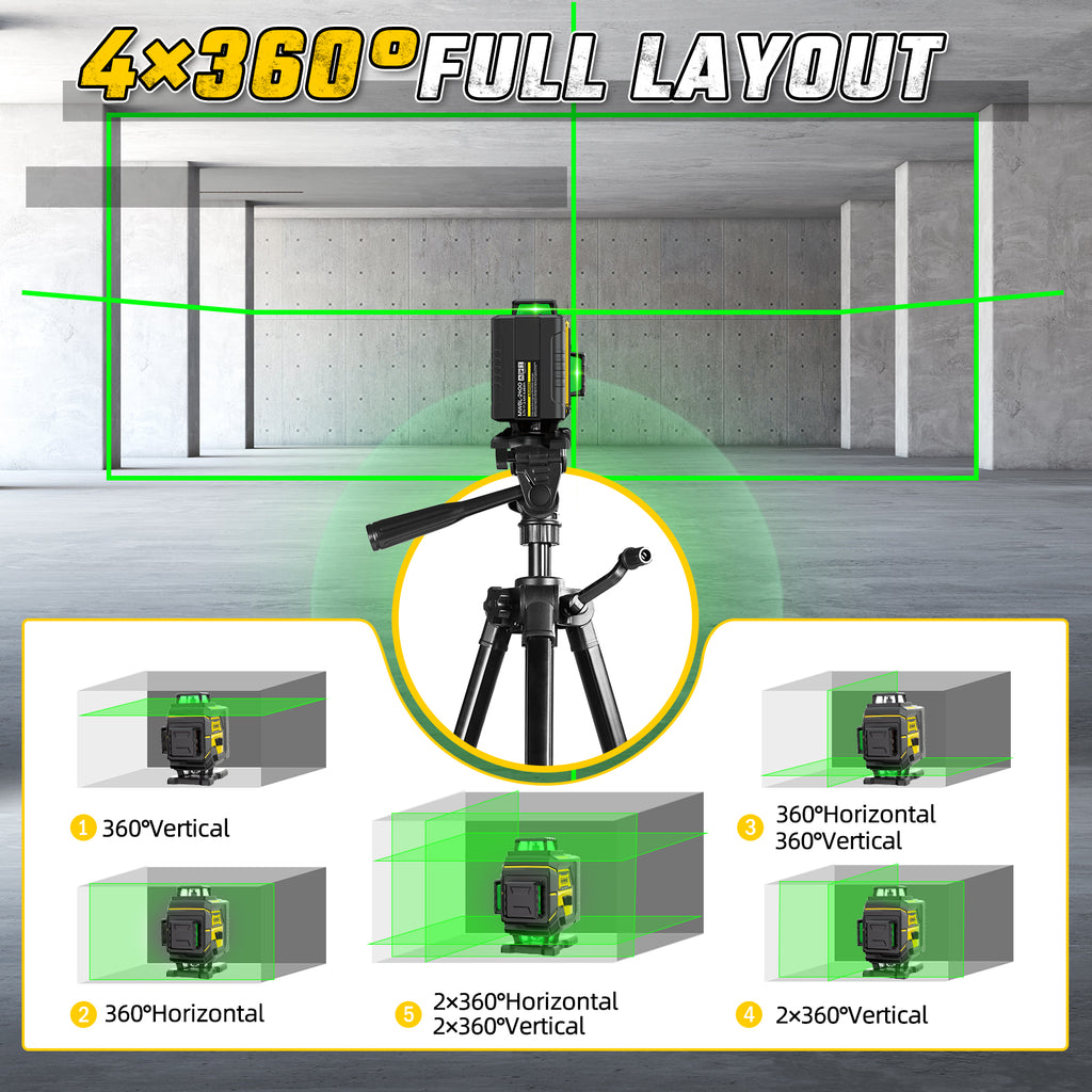 4D 360° Self-Leveling Laser Level, Cross Line Laser Tool with Tripod for Construction, Home Renovation, and Floor Tile Projects
