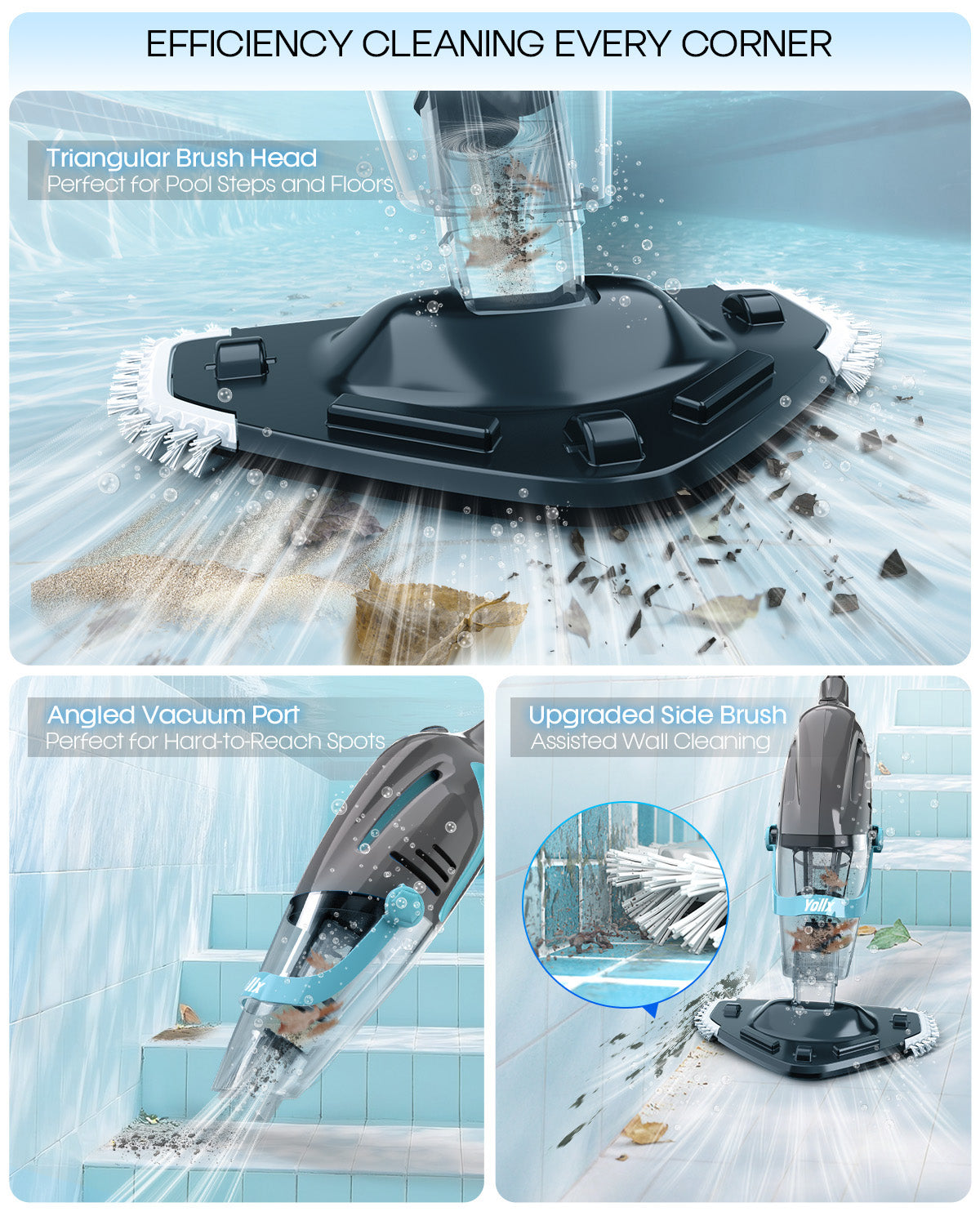Pool Vacuum for Above Ground Pool,  18.5 GPM Powerful Suction Handheld Pool Vacuum, 60min Runtime,Telescopic Pole Cordless Pool Vacuum for Above/Inground Pool, Spas, Hot Tubs Cleaning