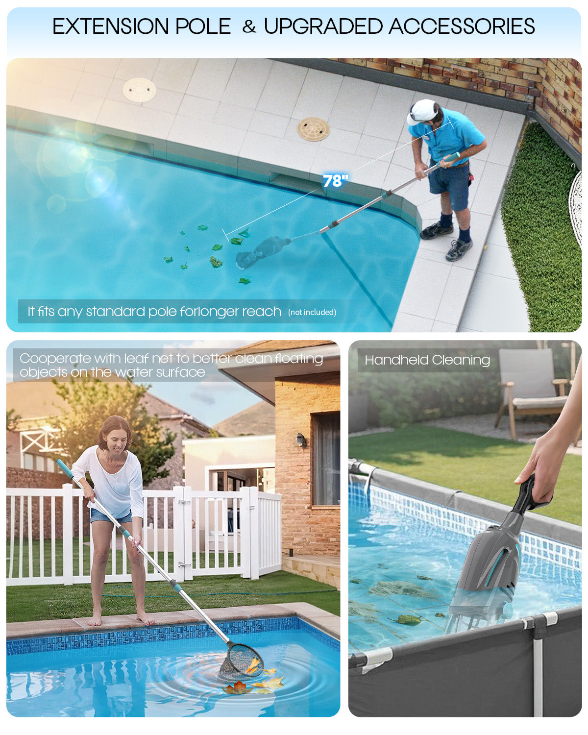 Pool Vacuum for Above Ground Pool,  18.5 GPM Powerful Suction Handheld Pool Vacuum, 60min Runtime,Telescopic Pole Cordless Pool Vacuum for Above/Inground Pool, Spas, Hot Tubs Cleaning