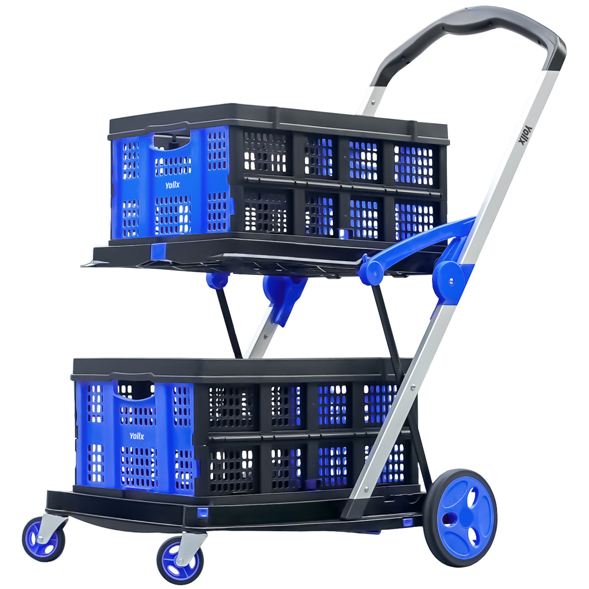 Collapsible Shopping Cart with 2 Bins Grocery Cart on Wheels Multi Use Two Tier Folding Cart for Farmers Market,Kitchen,Grocery Shop