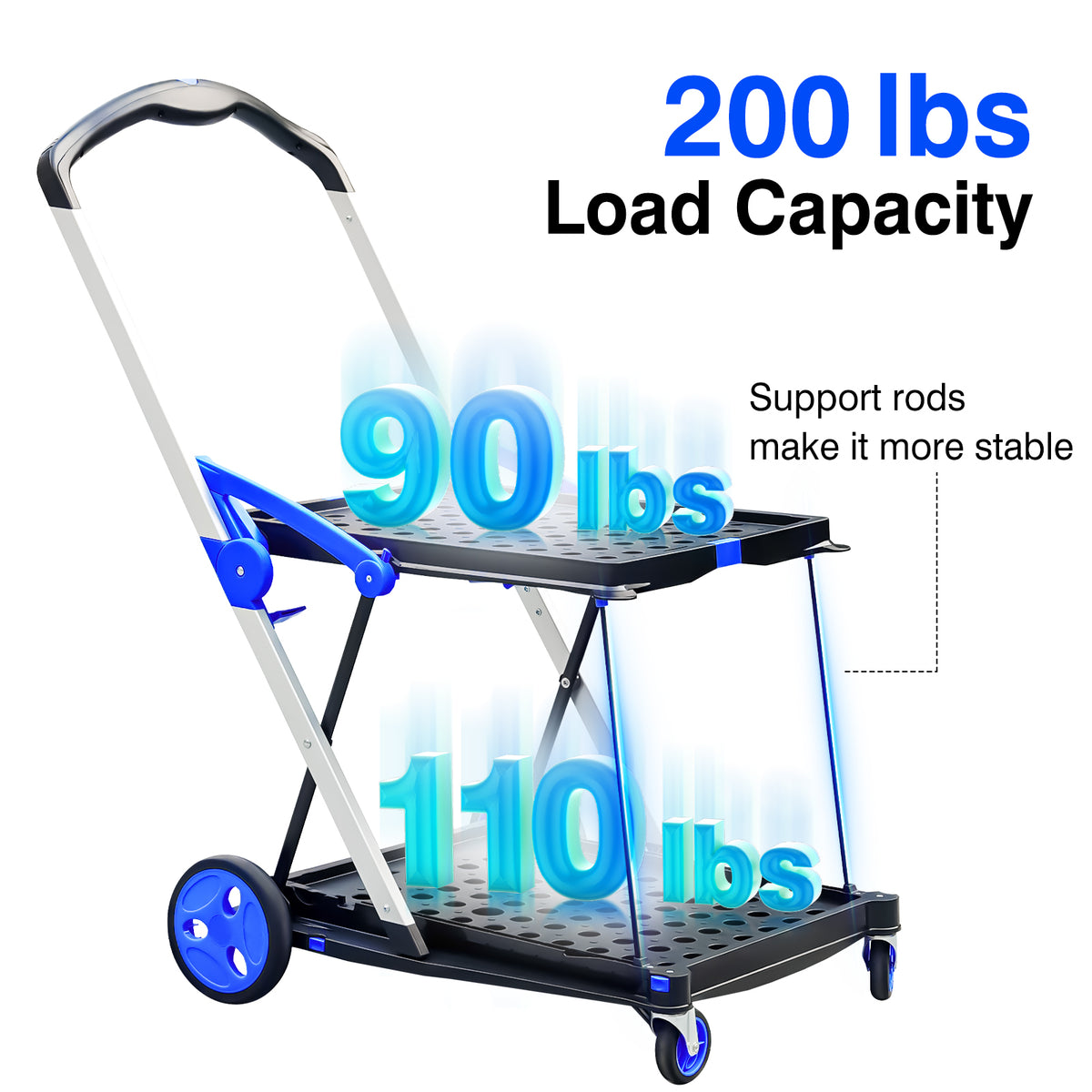 Collapsible Shopping Cart with 2 Bins Grocery Cart on Wheels Multi Use Two Tier Folding Cart for Farmers Market,Kitchen,Grocery Shop